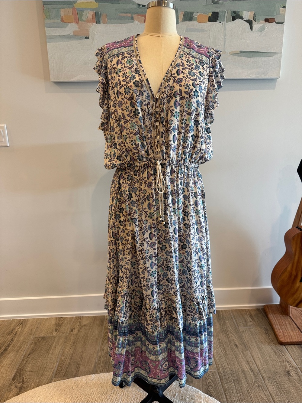 Archived Spell & The Gypsy Floral V-Neck Midi Dress in Cream and Blue- XXL